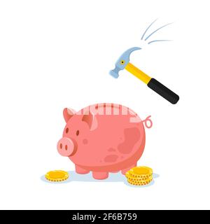 Piggy bank with hammer raised above it to smash. Spending money concept. Financial symbol. Banking or business services. Vector illustration in flat Stock Vector