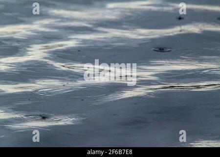 Swell Patterns, shapes, created, formed, forming, evolving, from continuous, continuing, falling raindrops on a flowing river surface. Highlight, high Stock Photo