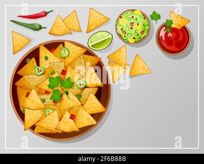 Bowl with nachos, salsa, guacamole and ranch sauces top view. Traditional Mexican food tortilla chips with dressing, lime slice and jalapeno hot chili peppers on table. Cartoon vector illustration Stock Vector
