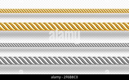 Gold and silver ropes, twisted twines isolated on white background. Vector realistic set of 3d golden and metal satin cords. Decoration borders of straight silk strings Stock Vector