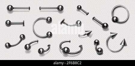 Set of piercing jewelry, metal pierce rings, barbell with balls and cones for face and body decoration. Beauty accessories, earrings isolated on background, Realistic 3d vector icons Stock Vector