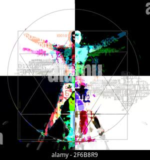 Vitruvian man, artificial intelligence, science and technology concept. Futuristic expressive Illustration of vitruvian man with a binary codes. Stock Photo