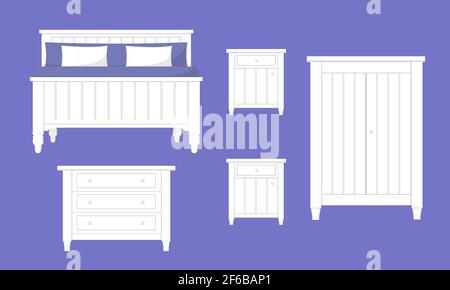 Set of white bedroom furniture. Isolated flat illustration. Stock Vector