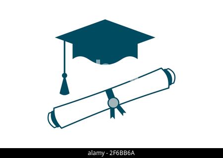 Graduation cap and diploma scroll icon. Blue mortarboard and college certificate. Higher education concept at university. PHD or doctoral degree. Stock Vector