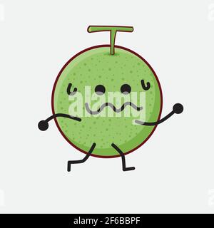 Vector Illustration of Melon Fruit Character with cute face, simple hands and leg line art on Isolated Background. Flat cartoon doodle style. Stock Vector