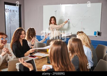 Charming female colleagues discussing business project in office Stock Photo