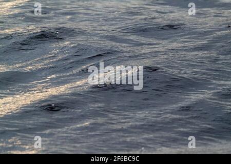 Patterns, shapes, created, formed, forming, evolving, from continuous, continuing, falling raindrops on a flowing river surface. Highlight, highlights Stock Photo