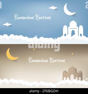 Minimal modern paper cut art Ramadan Kareem greeting post card and template banner design with mosque building, lantern and Arabic window / door patte Stock Vector