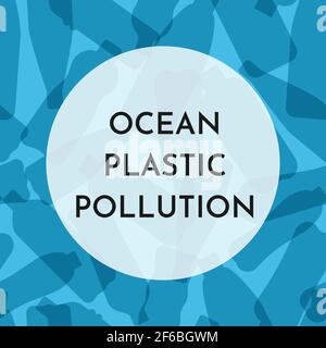 Vector illustration with isolated white outline icons of plastics bottles. World ocean plastic pollution. Separate garbage collection. Blue background. Stock Vector