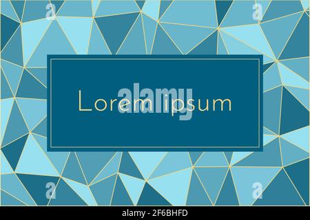 Vector creative design with geometrical background made from blue triangles. Gold outlines, copy space for text. Template for business card Stock Vector