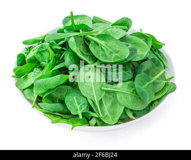 Fresh spinach leaves in bowl isolated on white background. Macro. Top view. Flat lay. Stock Photo