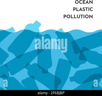 Vector illustration with isolated white outline icons of plastic bottles in the World ocean. Plastic pollution. Blue background. Stock Vector