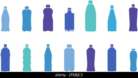 Vector illustration set with isolated icons of plastics and glass bottles. Separate garbage collection. White background. Stock Vector