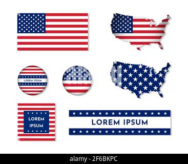 Vector concept set of isolated USA symbols. The Stars and Stripes American flag, map with national flag. Templates with copy cape for media, news Stock Vector