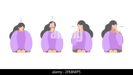 Vector isolated illustration set by girl. Exercises with hands behind back taken to the lock. Chest pulls up. Creative concept. Violet colors. Stock Vector