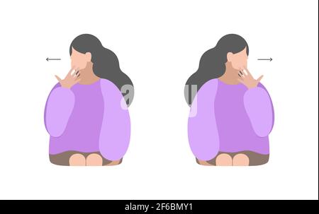 Vector isolated illustration with girl. Neck exercises with turning head to the shoulder and fix it by hand. Then to other side. Creative concept. Stock Vector