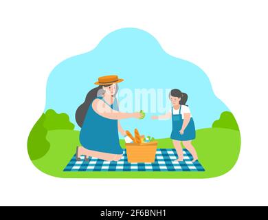 Vector illustration concept in flat cartoon style. Happy young adult mother sits on checkered plaid and gives cute daughter apple from picnic basket. Stock Vector