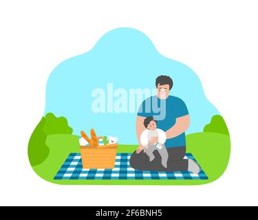 Isolated vector flat concept with cartoon Asian dad and son together. Father sits with little baby on the hands. Summer weekend on the picnic showing Stock Vector