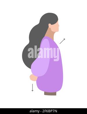 Vector isolated illustration by girl. Exercises with hands behind back taken to the lock. Chest pulls up. Creative concept. Stock Vector