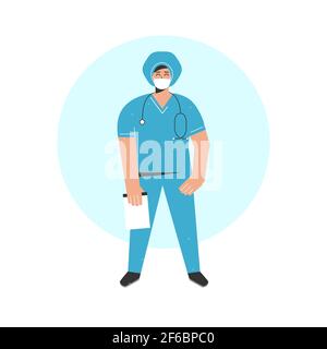 Vector illustration with flat cartoon doctor holding notes. Happy smiling nurse (girl) is dressed in blue medical uniform with stethoscope and hat. Stock Vector