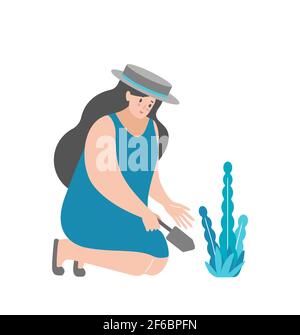 Vector isolated illustration flat concept with cartoon woman dressed in grey straw hat and blue dress. Smiling adult girl  plants flowers by spatula Stock Vector