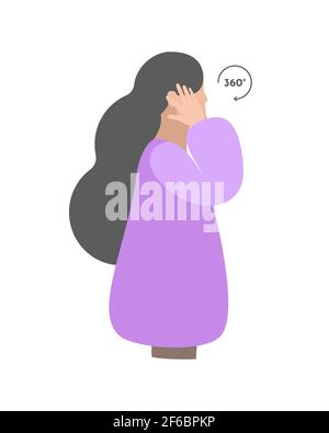 Vector isolated illustration. Neck exercises with head and ears massage by girl. Creative concept. Purple colors. White background Stock Vector