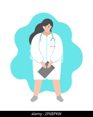 Vector isolated flat illustration. Cartoon woman is doctor and stays in white medical gown and stethoscope.  Friendly professional physician Stock Vector