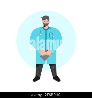 Vector isolated concept with doctor standing tall and holding documents. Friendly smiling medic (man) is dressed in blue medical gown Stock Vector