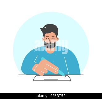 Vector illustration concept. Flat cartoon adult man sits at the table, holds pen and write text on white paper. Isolated design with character signed Stock Vector