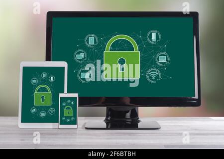 Cyber security concept shown on different information technology devices Stock Photo