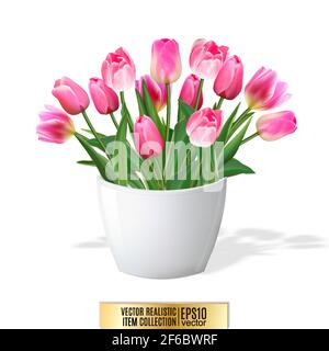 Bouquet of pink tulips in vase isolated on white. Quality realistic vector background, 3d illustration Stock Vector