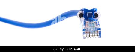 Connector rj-45 on blue patch cord. Snake-shaped plug with funny googly eyes. Close up macro isolated on white background, banner size. Stock Photo