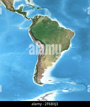 Physical map of South America, with high resolution details. Flattened satellite view of Planet Earth and its geography - Elements furnished by NASA Stock Photo