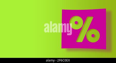 3D rendered icon concept: Isolated percentage, % symbol cut out on fuchsia pink square paper. Greenish background with large copy space. Illustrated Stock Photo