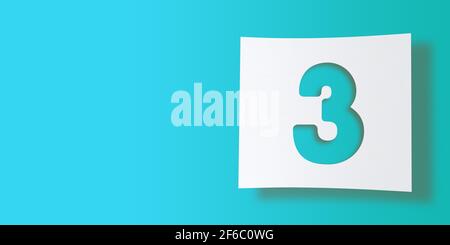 3D render numbers collection: No3, three, cut out on white square paper on turquoise background. Smooth drop shadow and large copy space. Illustration Stock Photo
