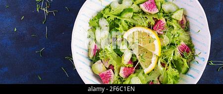 Salad from watermelon radish, cucumber, celery and lettuce leaves. Vegan food. Dietary menu. Top view, overhead, banner Stock Photo
