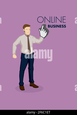 Cartoon business professional with digital finger click symbol on hand. Vector illustration for online business concept isolated on purple background Stock Vector