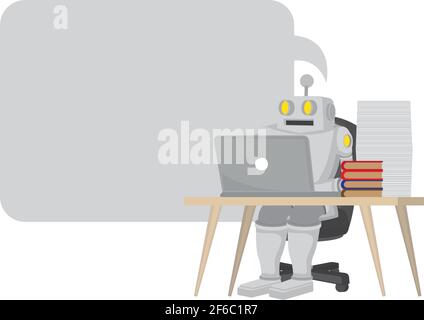 Robot working on a work desk with an empty speech bubble. Concept of automation or the future corporate workforce. Flat isolated vector illustration Stock Vector