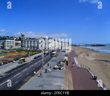 Hastings seafront viewed from the promenade at Warrior Square, St Leonards, East Sussex, England, UK. Circa 1990's Stock Photo