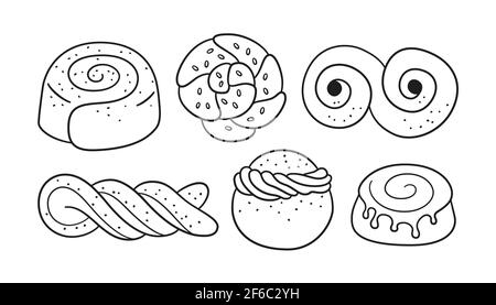 Cinnamon rolls with sugar. Set of swirl buns. Hand drawn isolated vector illustration Stock Vector