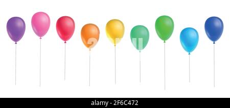 et of flight up 3D rainbow color helium balloons on a white background. Realistic colorful design elements in red, orange, yellow, green, blue, purple Stock Vector