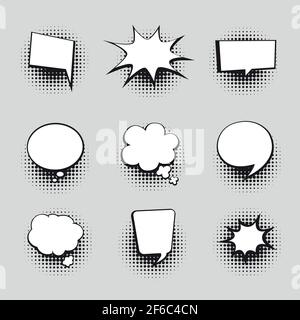 Retro comic bubbles set with halftone shadows on white background. Vector illustration, vintage design, pop art style. Stock Vector