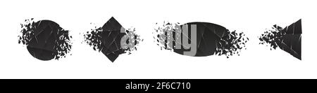 Shape shattered and explodes flat style design vector illustration set isolated on white background. Triangle, hexagon, square, rectangle and rhombus Stock Vector