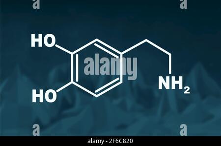 Chemical molecular formula hormone dopamine. Infographics illustration. Low poly backdround. Low poly mountains landscape backdround. Stock Vector