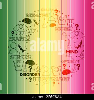 Mental health creative concept. Circle frame with medicine thin line icons and tags. Stock Vector