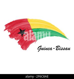 Watercolor painting flag of Guinea-Bissau. Hand drawing brush stroke illustration Stock Vector
