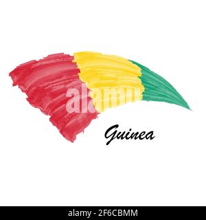 Watercolor painting flag of Guinea. Hand drawing brush stroke illustration Stock Vector