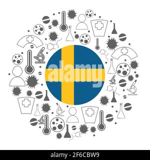 Circle frame with medicine icons and tags. Coronavirus virus danger relative illustration. Flag of the Sweden Stock Vector