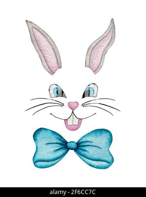 Cartoon rabbit face with blue bow isolated on white, watercolor animal illustration, cute Easter bunny boy face, hand painted Easter decoration Stock Photo