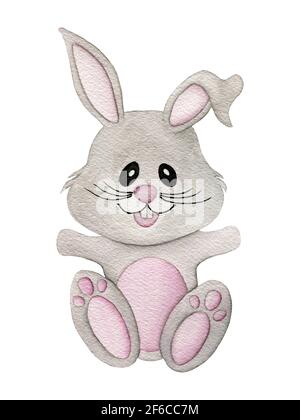 Cartoon baby bunny isolated on white, watercolor Easter bunny illustration, cute gray rabbit watercolor painting Stock Photo